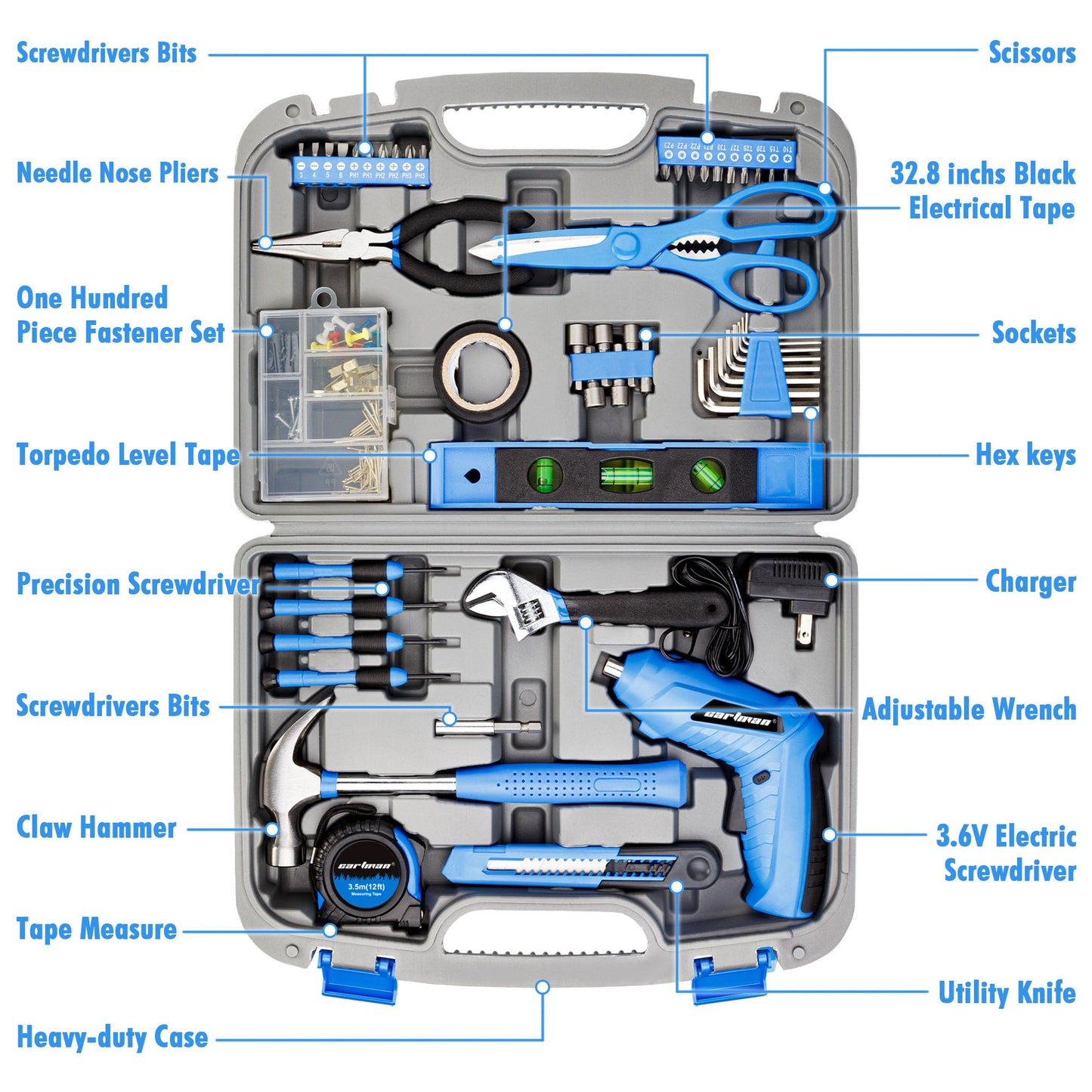 CARTMAN 149 Piece Tool Set General Household Hand Tool Kit with Cordless Screwdriver Blue