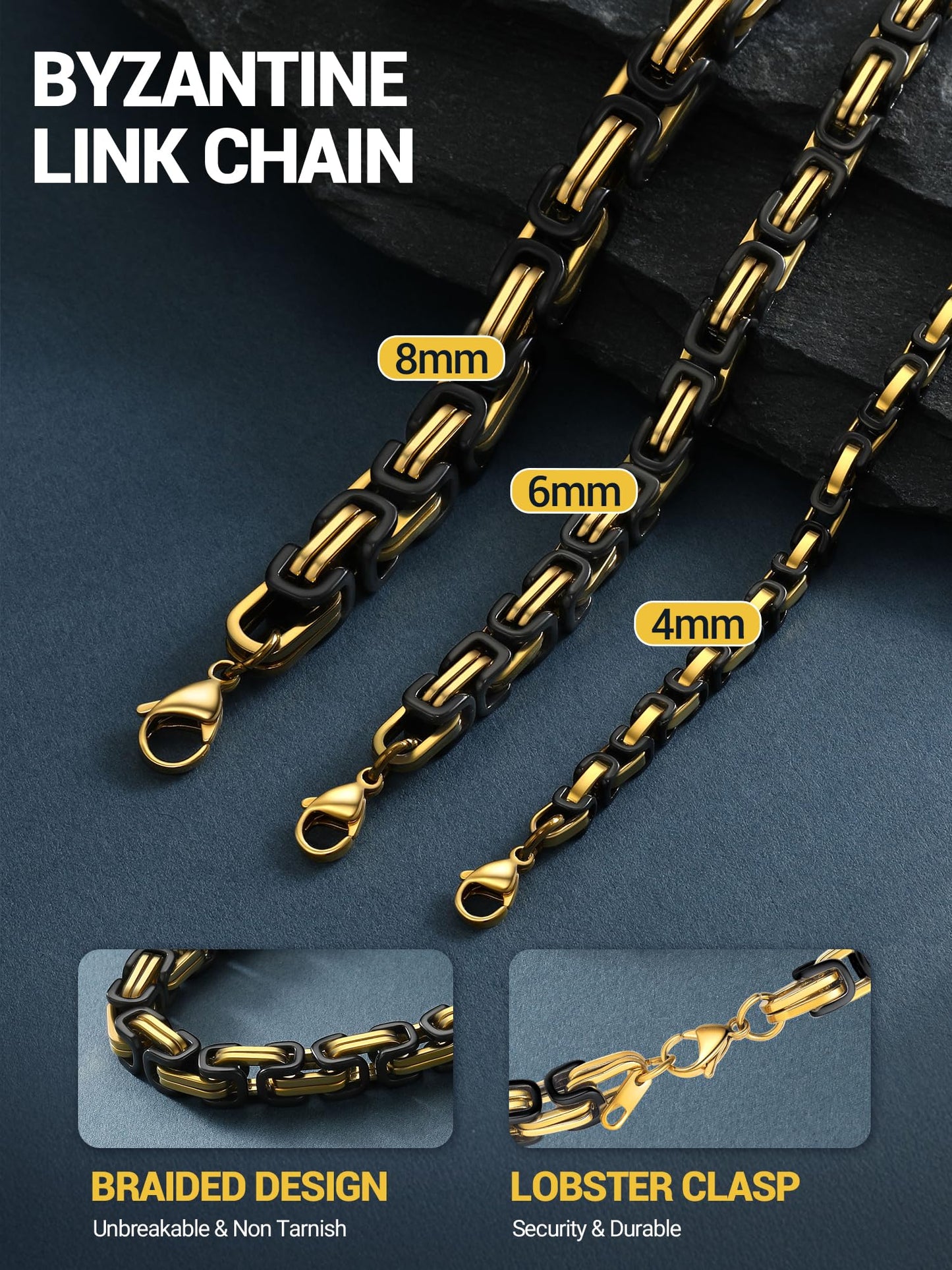 PROSTEEL Byzantine Necklace Gold Black Stainless Steel Chain For Men Necklaces 24 Inch