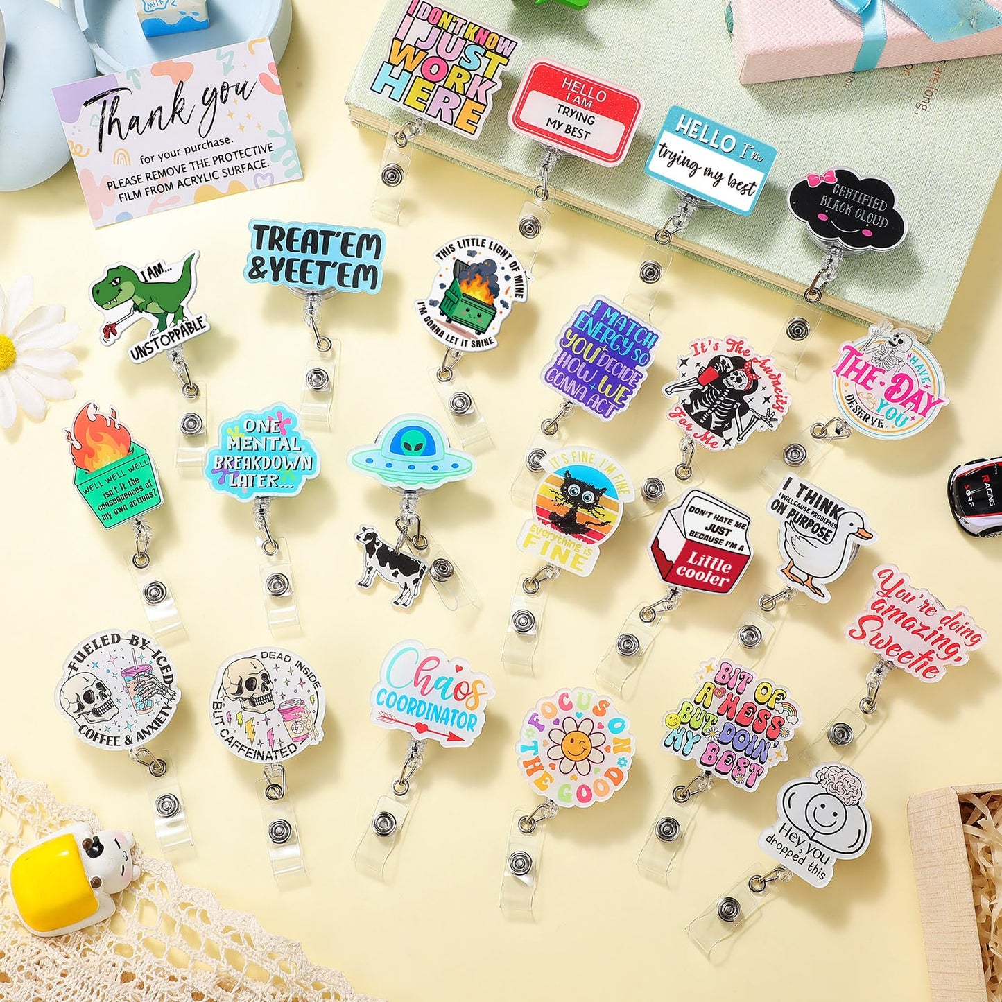 Feifeiya 24 Pcs Funny Badge Reel Nurse Cute Retractable Name ID Clip Badge Holder for Doctor Student Medical Assistant Coworker Work Accessories Bulk Gifts(Funny Style)