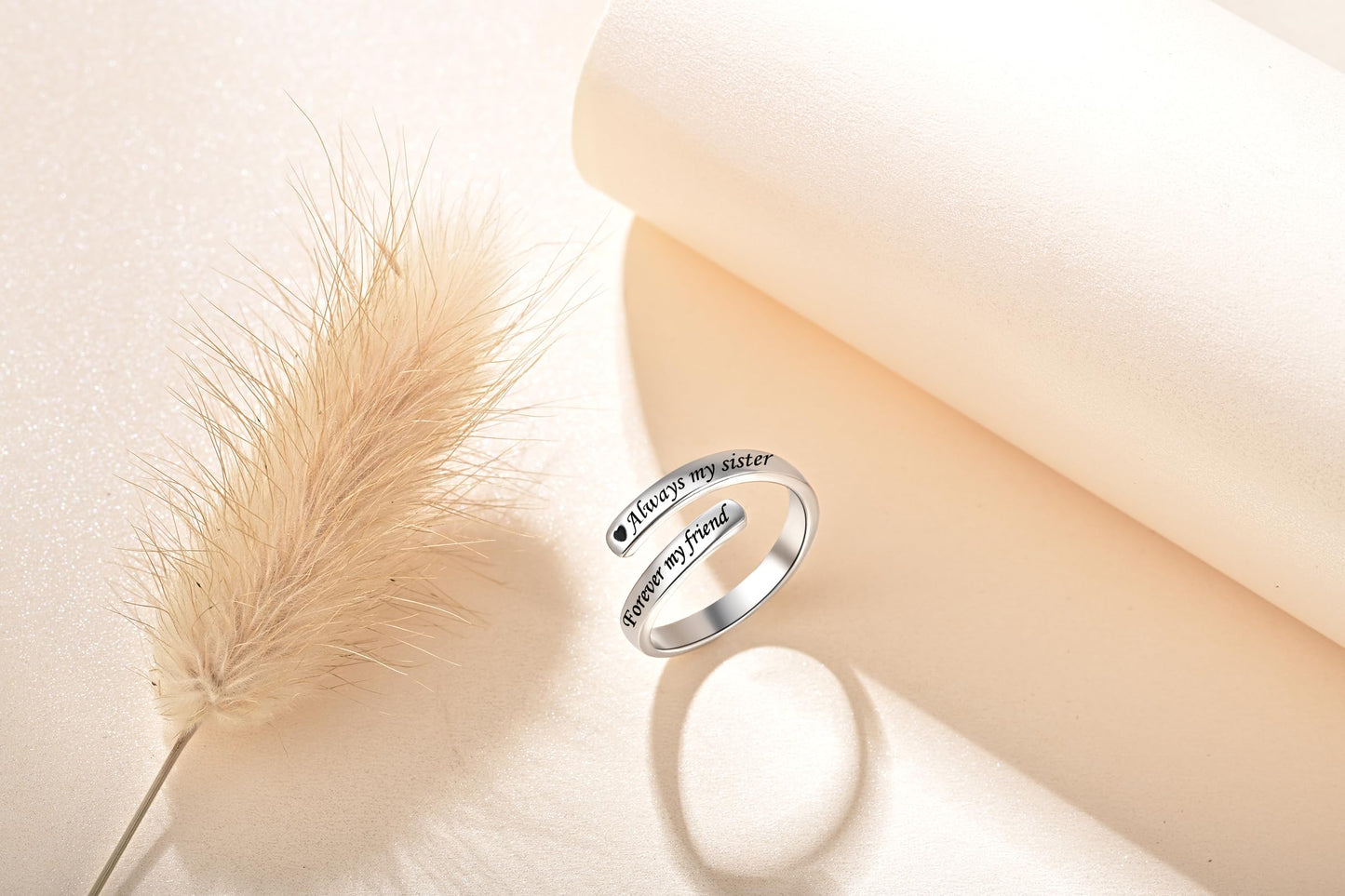 JXJL 925 Sterling Silver Inspirational Jewelry Adjustable Wrap Open Ring Encouragement Gift for Women(Always my sister Forever my friend)