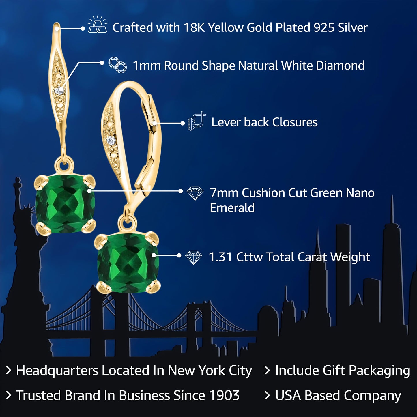 Gem Stone King Drop Dangle Earrings For Women | 7MM Cushion Cut Gemstone Birthstone and Diamond | 925 Sterling Silver | Jewelry Gift for Mom Wife Her | Nano Emerald-May | Yellow Gold