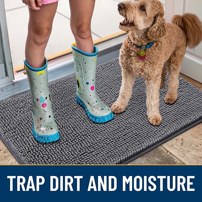 Smiry Dog Door Mat for Muddy Paws 44x24, Absorbs Moisture and Dirt Doormat, Non-Slip Washable Quick Dry Chenille Front Door Mat Indoor Entrance, Entryway Carpet for Inside Floor, Dark Grey