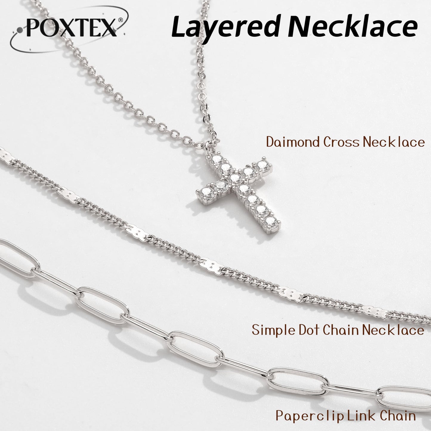 Layered Silver Gold Necklaces for Women,Silver Plated Dainty Stackable Choker Necklaces for Women,Trendy Layering Cubic Zirconia Cross Pendant Paperclip Thin Chain Necklace Set Jewelry Gifts for Women