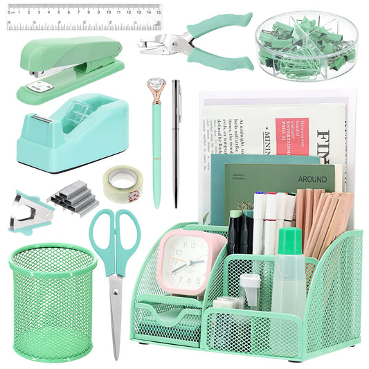 13-in-1 Office Desk Organizer Set with Stapler and Tape Dispenser, Pen Holder, Scissors, Ruler, Hole Punch, 2 Pens & More Desktop Accessories for Back to School Supplies (Green)