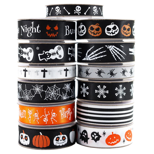 13 Rolls 65 Yards Halloween Ribbon Spider Skull Gnome Pumpkin Ribbons Halloween Printed Ribbon Gift Wrapping Home Wreath DIY Craft Party Decoration