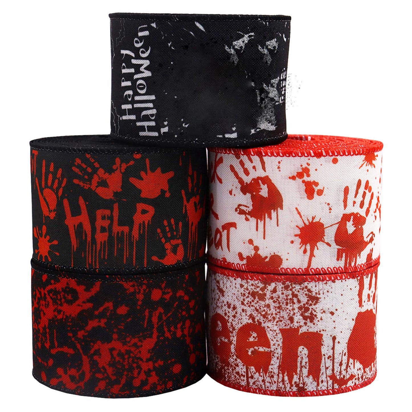 TMXAOK 5 Roll Halloween Wired Ribbon, 2.5 Inch Black White Skull Pattern Gift Wrapping Ribbons, Blood Handprint Decorative Ribbons for Crafts Bow Wreath Gift Wrapping Halloween Party Decor, 25 Yards