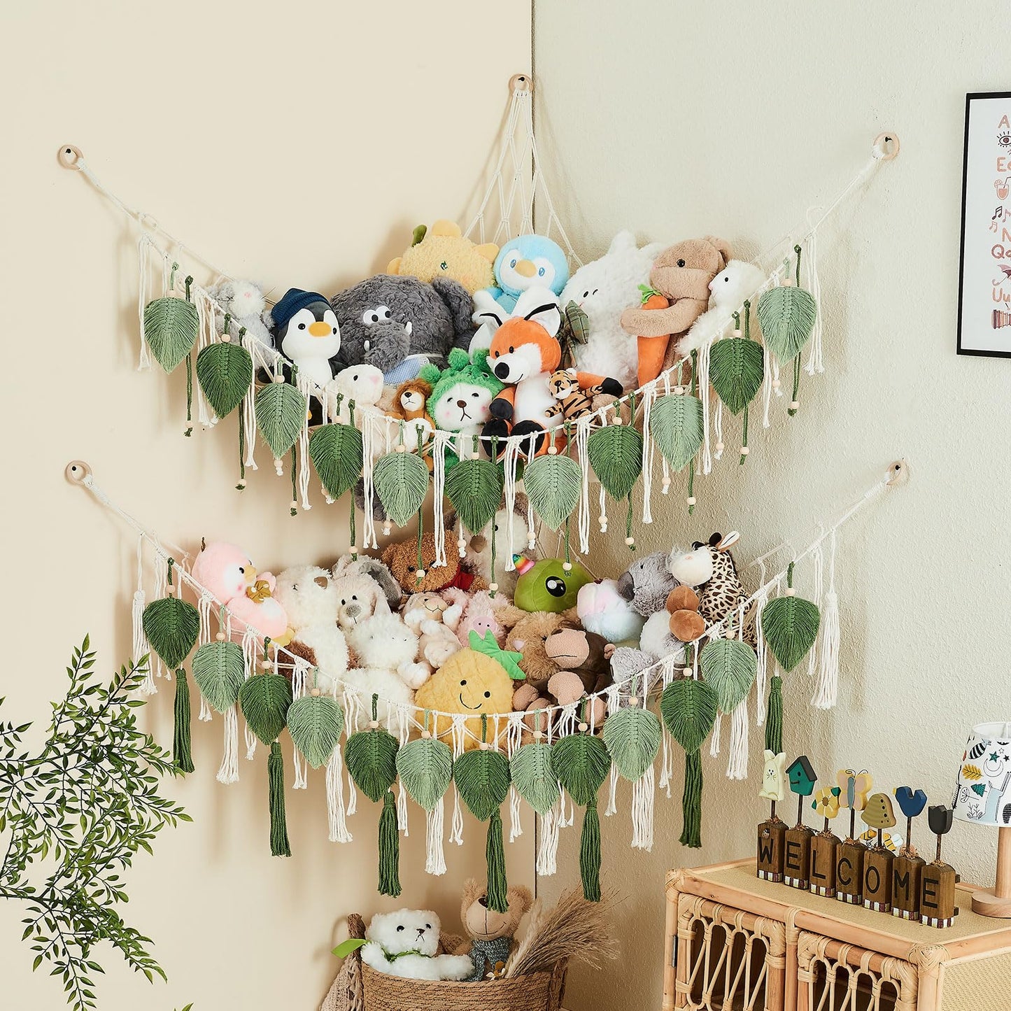 Pretty Jolly Macrame Stuffed Animal Hammock with Beads Hand Woven Leaf Tassels Corner Hanging Net Boho Plush Holder for Toys Kid Room Nursery Decor Organizer for Girls Gift(Sage Green&Avocado Green)