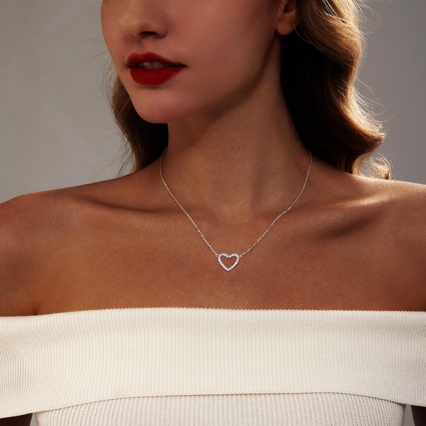 Zeffy Silver Cubic Zirconia Heart Necklace Open Heart Choker Trendy Dainty Simple Silver Jewelry for Women Gifts