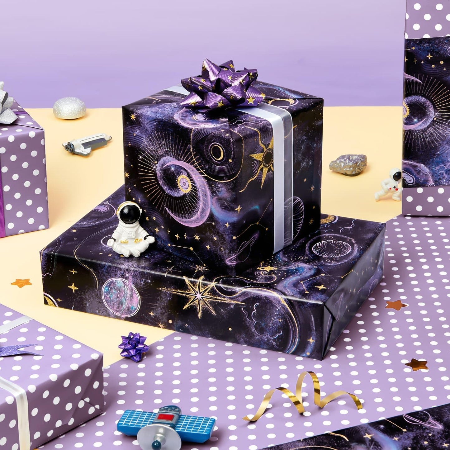 WERNNSAI Galaxy Wrapping Paper Roll - 1 Roll 17” x 33 ft Purple Dark Night Sky Nebula Star Wrapping Paper for Boys Girls Reversible Polka Dot Design Gift Wrap for Birthday Holiday Baby Shower Party Favors