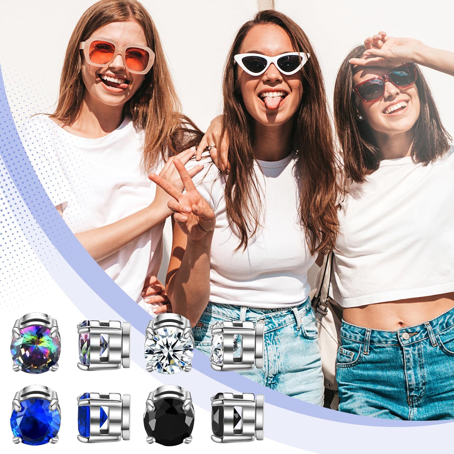 Magnetic Non-piercing Clip On Earrings: 4 Pairs Stainless Steel Black Color CZ Inlay Round Fake Cheater Studs for Men Women