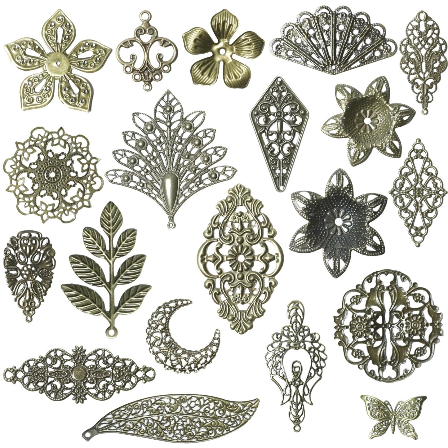 120pcs Filigree Metal Embellishments Metal Charms 20 Styles Antique Bronze Charms for Jewelry Making, Steampunk Art, Hairpins, Headwear, and DIY Crafts (6pcs each)