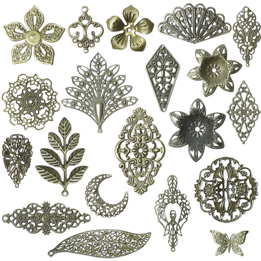 120pcs Filigree Metal Embellishments Metal Charms 20 Styles Antique Bronze Charms for Jewelry Making, Steampunk Art, Hairpins, Headwear, and DIY Crafts (6pcs each)