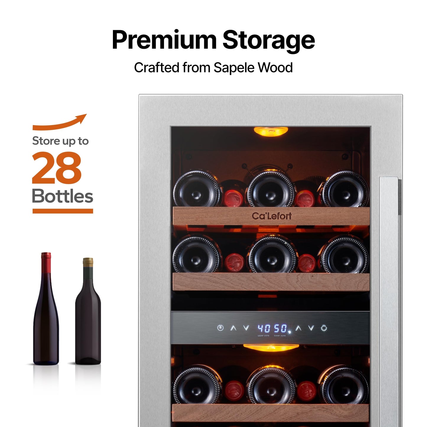 Ca'Lefort 15 Inch Wine Fridge - 28 Bottles Dual Zone Wine Cooler with Glass Door, 40-65° Temp Control, Adjustable Shelf & 3 LED Light Built-in or Freestanding for Home Bar Kitchen Left-Hinged Door