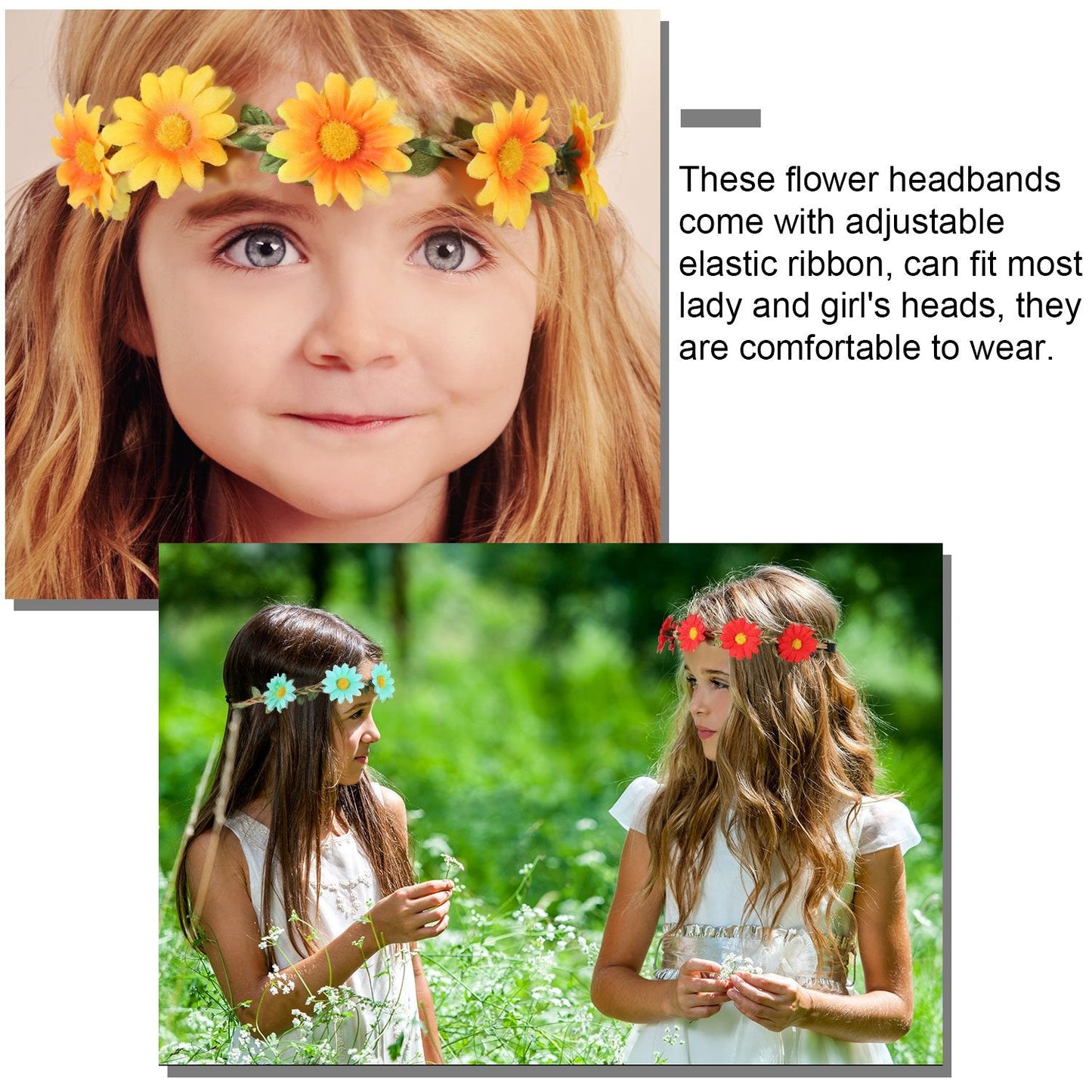 Bememo 12 Pieces Flower Headband Girl Women Daisy Flower Crown Hippie Floral Wreath Headband for Festival Wedding Bridal Party (Classic)