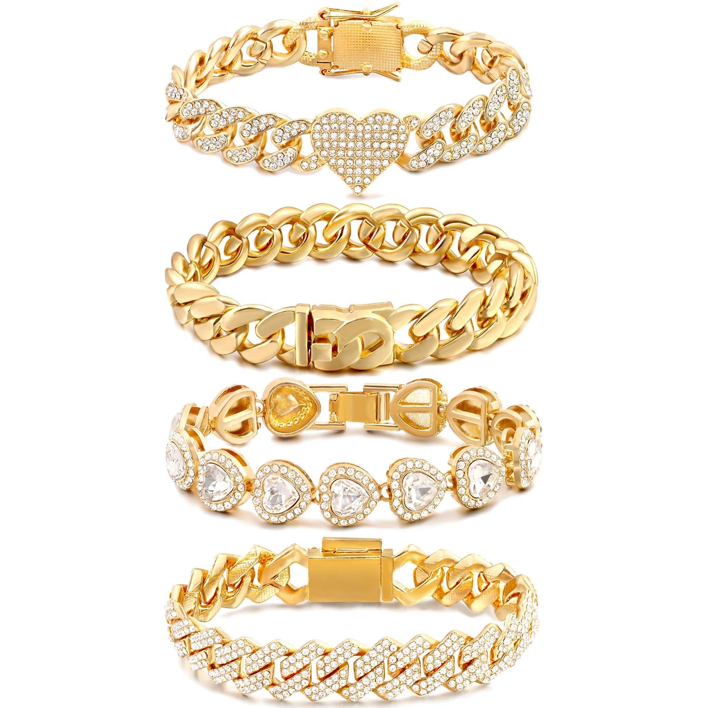 shopbyskyler 4PCS Gold Bracelets for Women Silver Clustered Tennis Bracelet for Women Heart Round Diamond Cuban Bracelet Layered Link Bracelet Set Fashion Jewelry (Gold-2, 8inch)