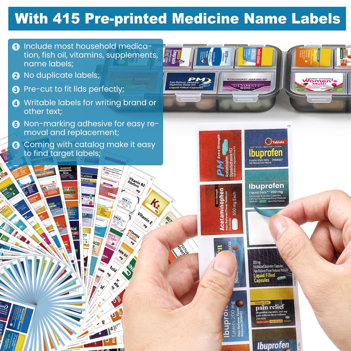 14 Grids Travel Pill Organizer Box with 415-Pcs Medicine Name Labels - Pocket Daily Pharmacy Case Container Kit - Travel Medication Holder Dispenser for Fish Oil Vitamin Supplement Storage -Clear Grey
