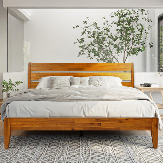 Acacia Emery Bed Frame with Headboard Solid Wood Platform Bed, King Size Bed Frame, Mid - Century Modern Wood Bed Compatible with All Mattresses, Easy Assembly, Non-Slip, Caramel.