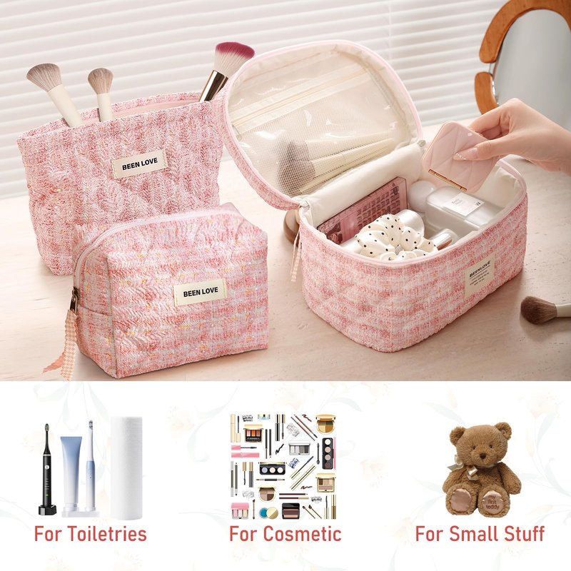 Large Makeup Bag Floral Cosmetic Bag Quilted Flower Travel Makeup Toiletry Bags Set Organizer Cotton Cute Make Up Accessories Zipper Bags Pouch Travel Essentials Gifts for Women Teen Girls Pink