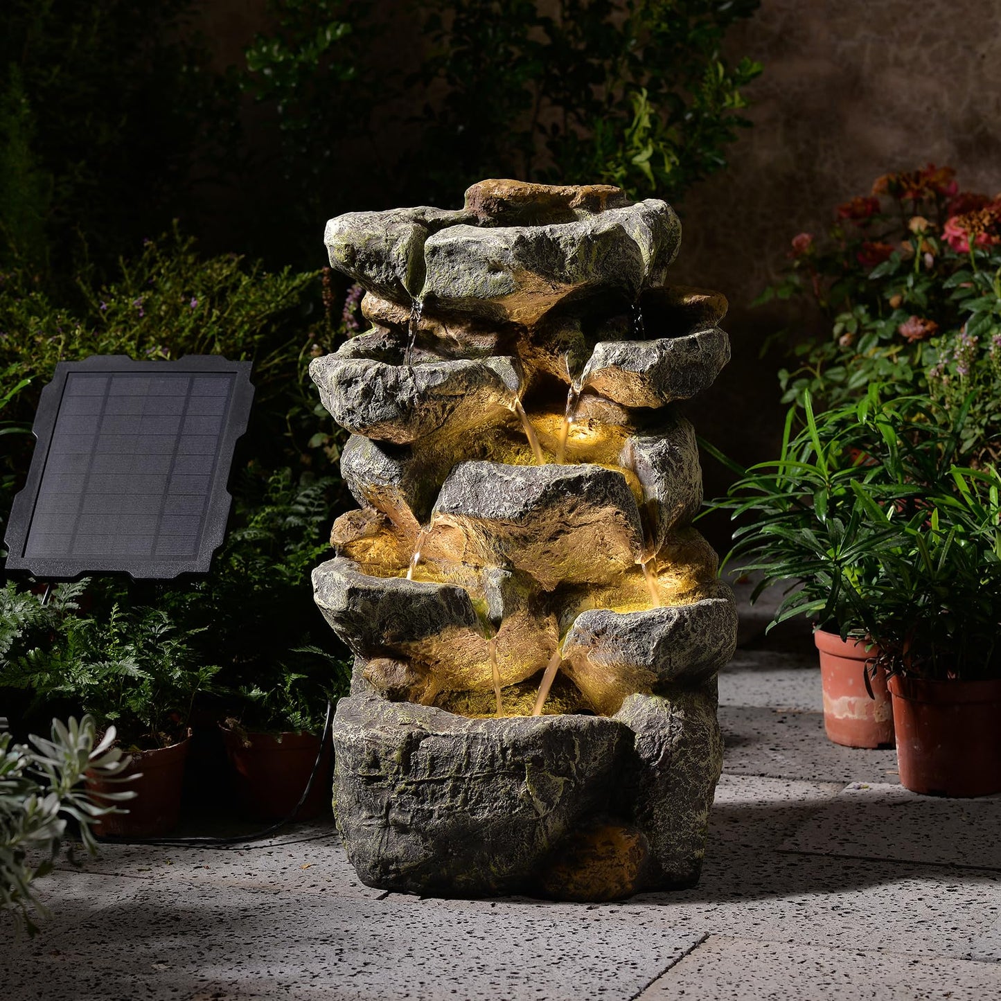 KAISOKU Solar Water Fountain Outdoor Garden, 24" H Cascading Stone Design 5 Tier Rock Feature Outdoor Fountains Waterfalls with Light, Pump Solar Panel for Patio, Deck, Porch, Backyard Home Décor