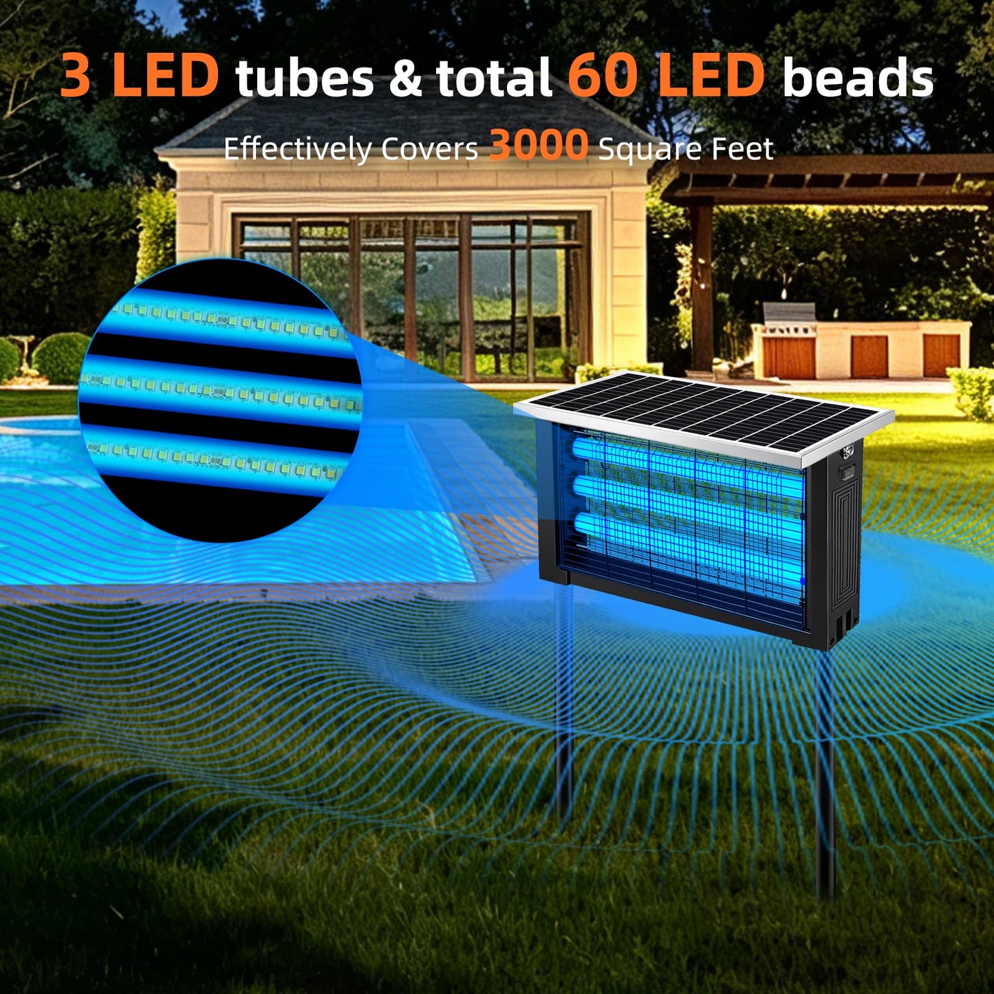 Powerful Solar Bug Zapper Outdoor with 3 LED Tube, Mosquito Zapper Waterproof Poartable Rechargeable Fly Zapper 3500V, Cordless Solar Fly Trap for Patio Garden Backyard Patio RV Camping for 3000 sq.ft