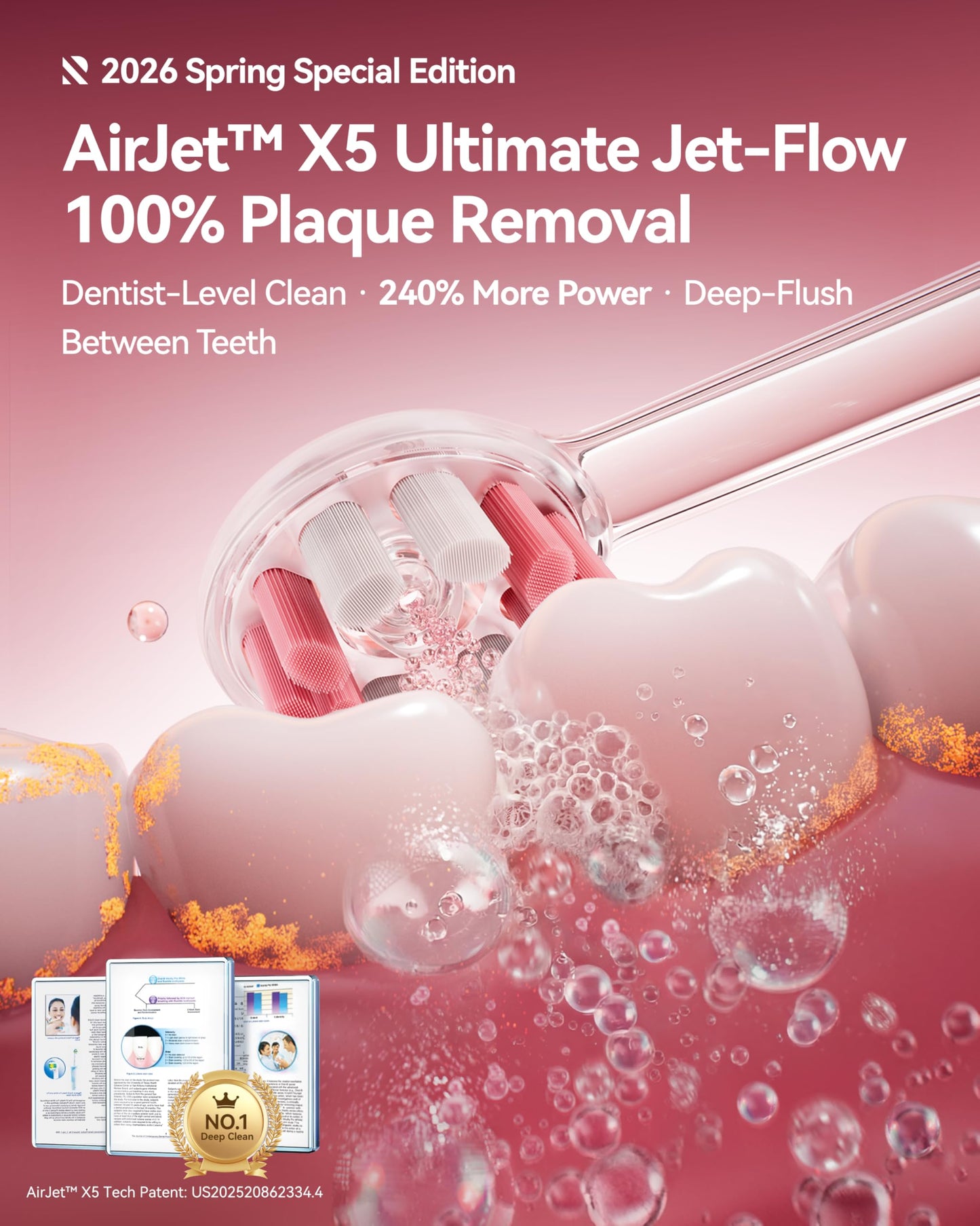 RANVOO AirJet X5 [Gift-Ready Pink Edition | Next-Gen Jet-Flow] Electric Toothbrush, 100% Plaque Removal, Whitening & Gum Care, 60-Day Battery Life, Rechargeable with 3 Pro Brush Heads, Cyclamen Pink