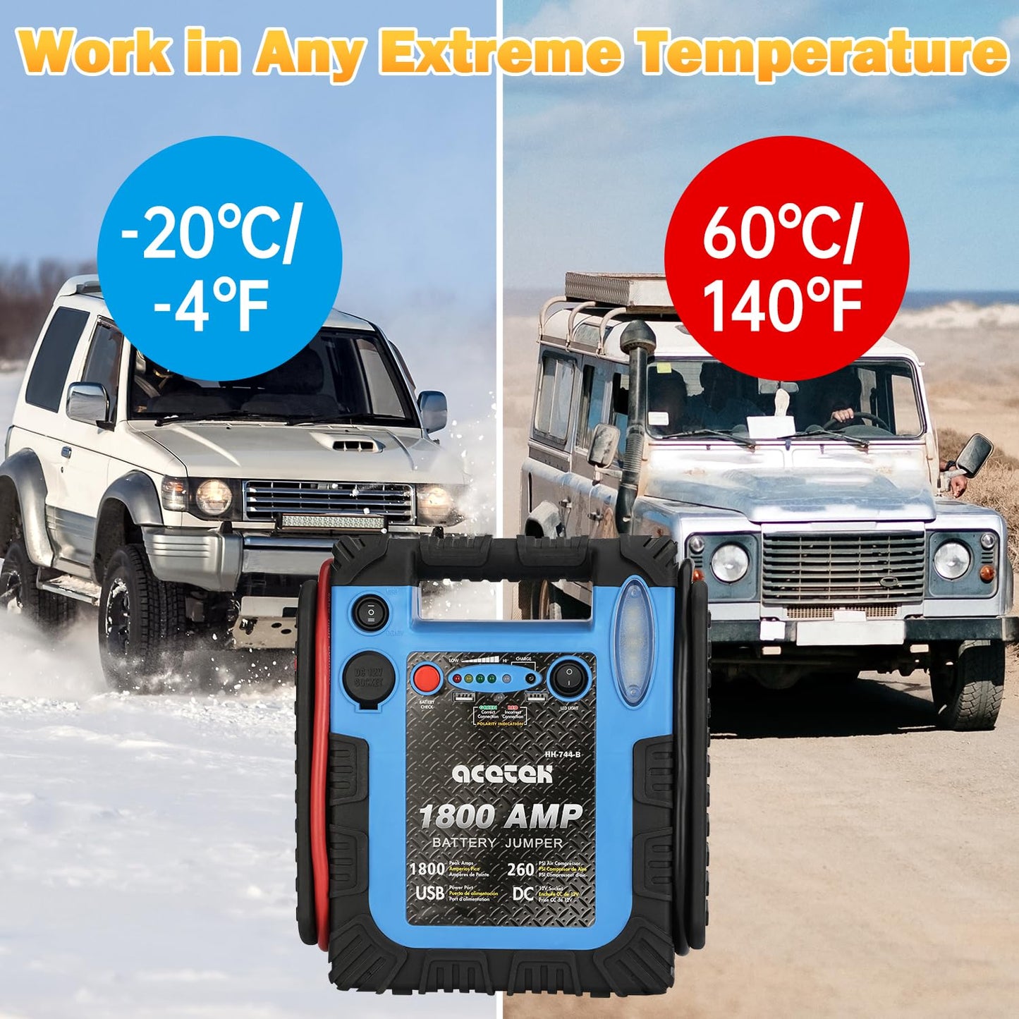 acetek 1800A Jump Starter with Air Compressor, 20000mAh 12V Battery Jumper Pack Booster (6.0L Gas/Diesel), 260 PSI Tire Inflator, Multi-Function Jumper Box with USB Charge & LED Flashlight