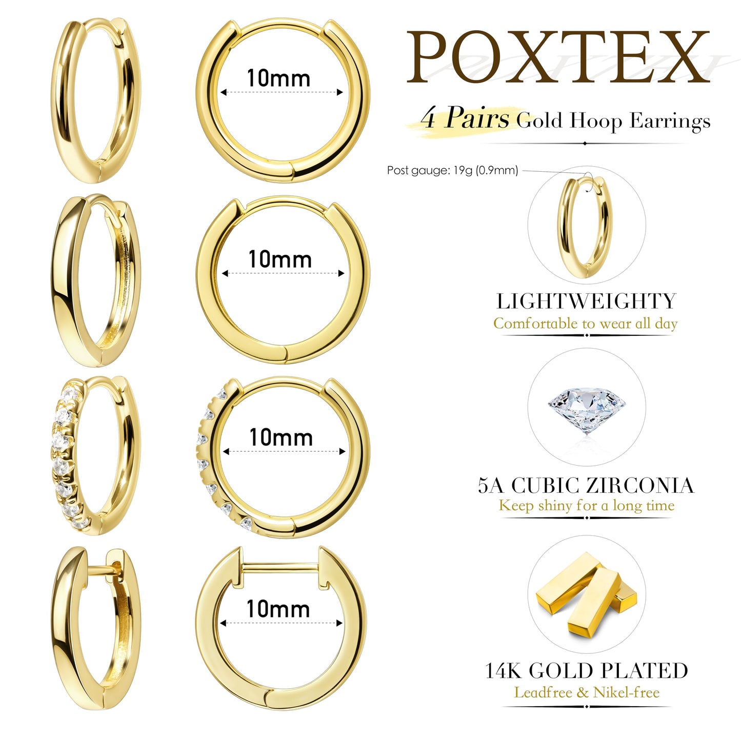 10mm Conch Huggie Hoop Earrings Set for Women Men Trendy - Gold Plated Stack Cartilage Concn Earring Multiple Piercing Lightweight Mini Thin Cute Dainty Clip On Jewelry Gifts for Women