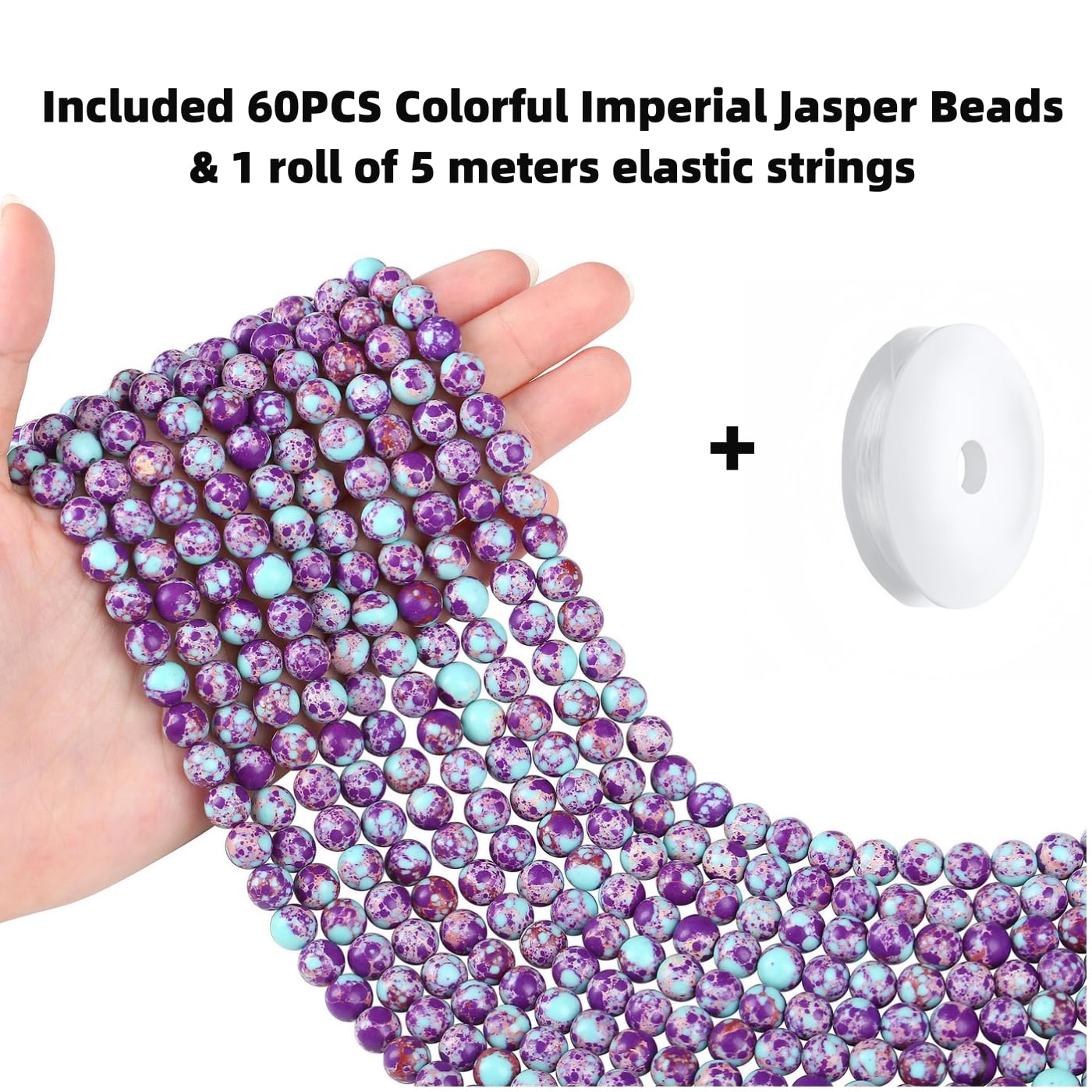 QINJIEJIE 60PCS Colorful Imperial Jasper Beads 8mm Stone Beads Round Loose Purple and Blue Pattern Gemstone Bead for Bracelet Beading Crystal Jewelry Making DIY Necklace Earrings 0.32"