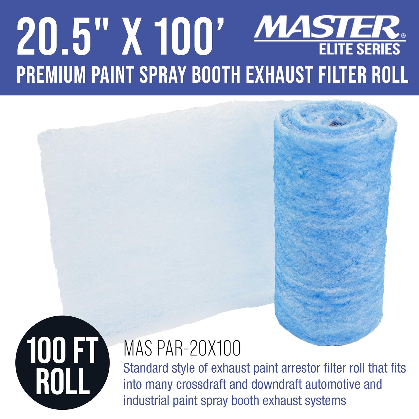Master Elite Premium Paint Spray Booth Exhaust Filter Roll, 20.5" x 100' - 18 Gram Heavy-Duty Fiberglass Paint Arrestor - Captures Traps Overspray Paint Particles in Auto Car Autobody Refinish Booths