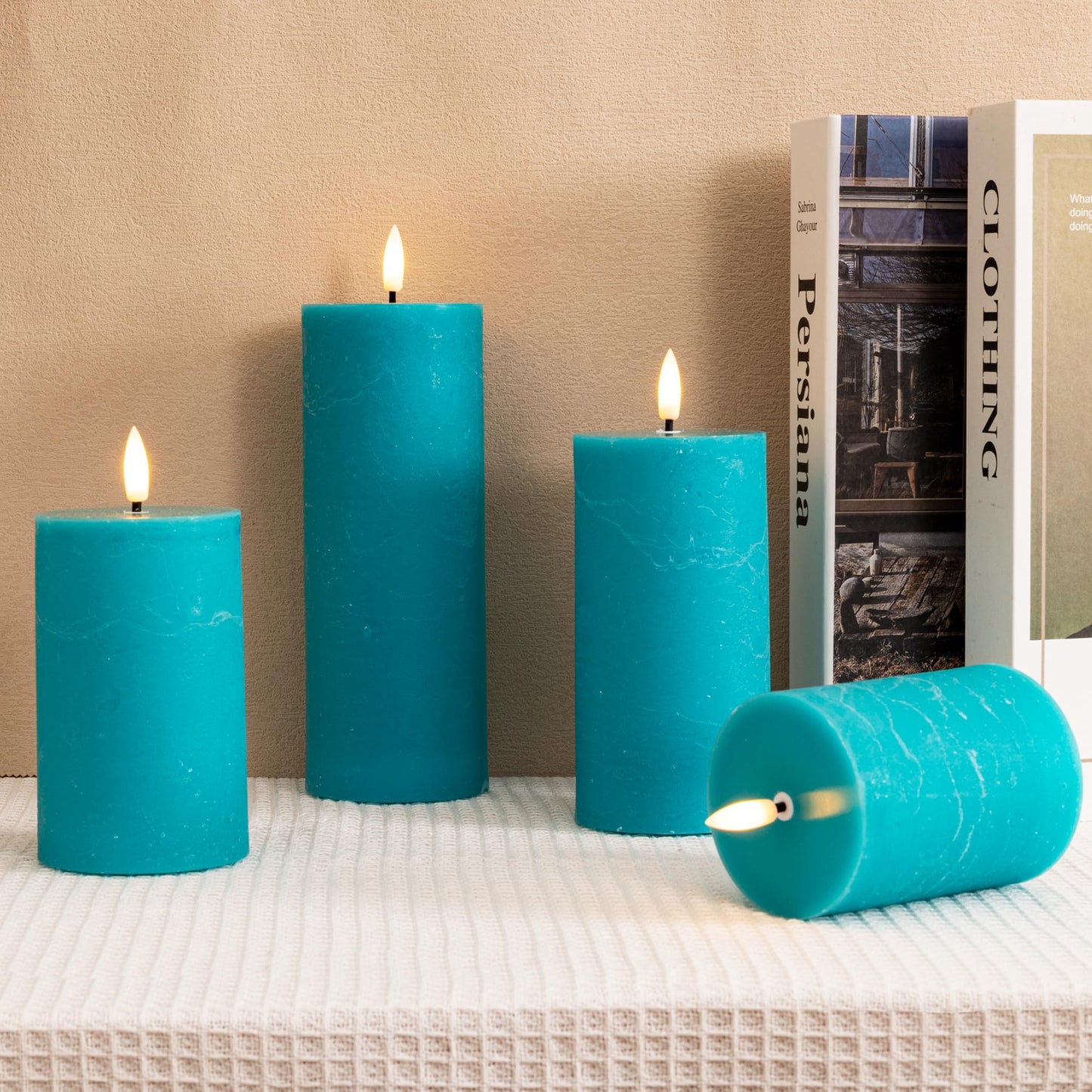 AFINETH Teal Flameless Pillar Candles, Battery Operated Candles with Remote, Real Wax Flickering LED Candles for Home Party Wedding Holiday Decor, Set of 4, Φ 3" H 4"" 5"" 6"" 8"""