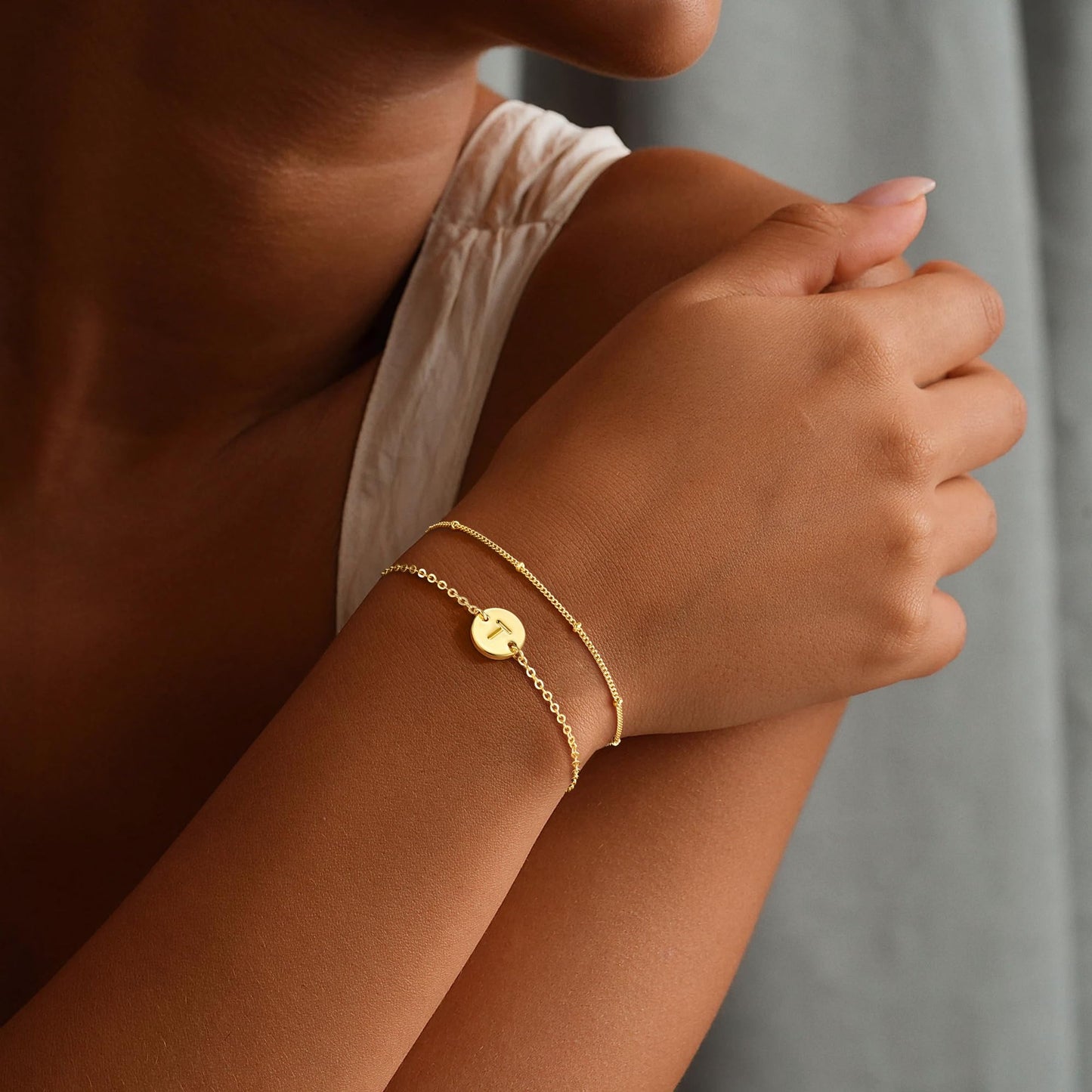 MONOZO Gold Initial Bracelets for Women, Dainty 14K Gold Filled Layered Beaded T Letter Initial Bracelet Personalized Alphabet Disc Monogram Charm Bracelet Jewelry Gifts