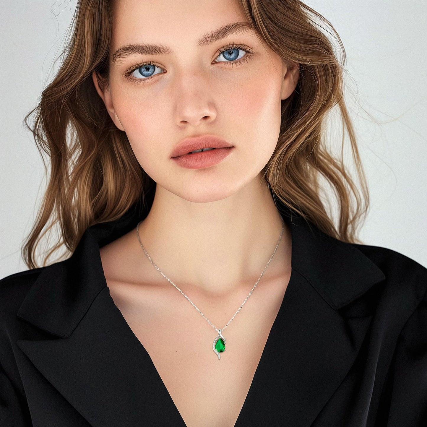 FANCIME May Birthstone Necklace for Women Teardrop Emerald Necklace S925 Sterling Silver Gentle Love Birthday Gifts for Mom Women, 16"+2" Inches