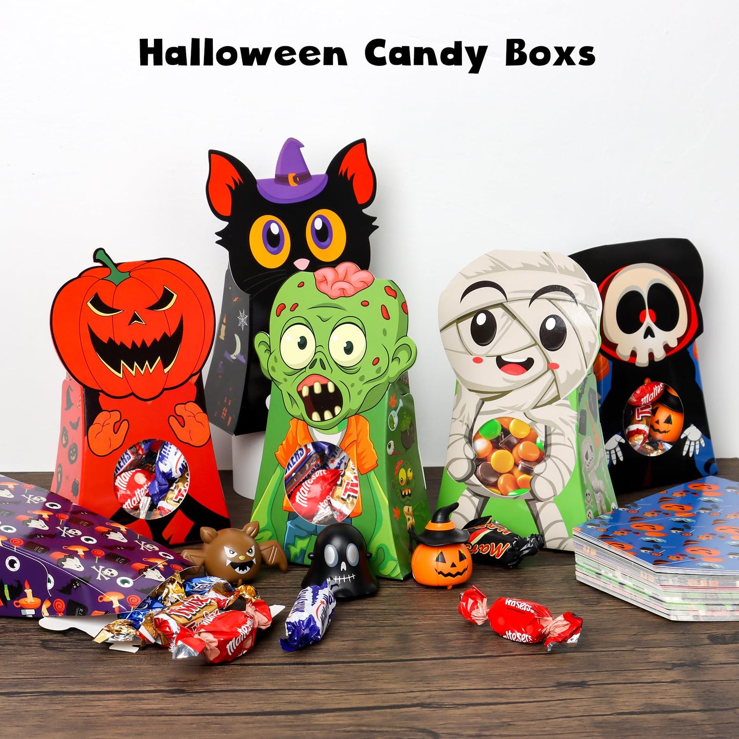 Giiffu 54-Pack Halloween Treat Boxes with Clear Window - 9 Designs Trick or Treat Candy Bags for Kids Party Favors Supplies, Classroom Exchange (6 x 4 x 2 Inches)