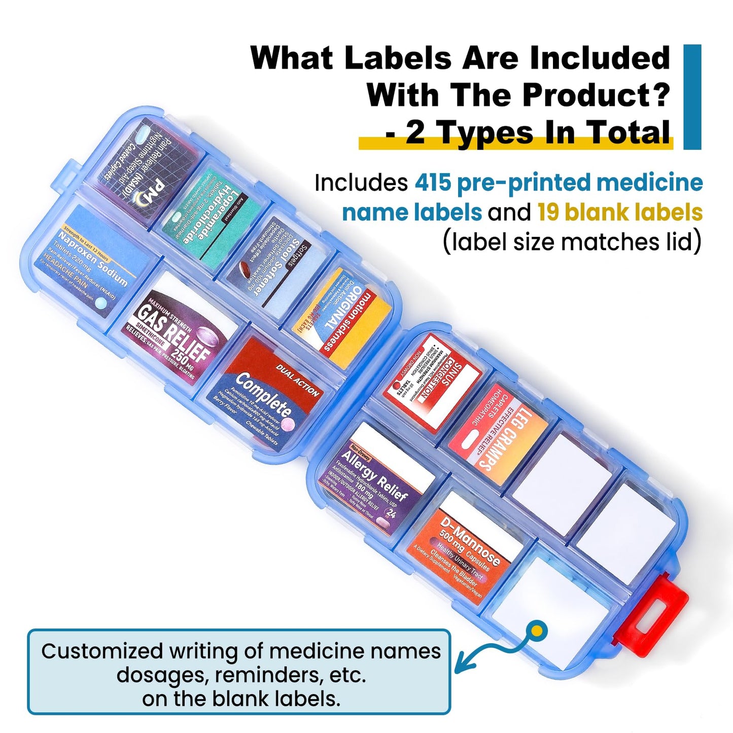 14 Grids Travel Pill Organizer Box with 415-Pcs Medicine Name Labels - Pocket Daily Pharmacy Case Container Kit - Travel Medication Holder Dispenser for Fish Oil Vitamin Supplement Storage -Clear Blue