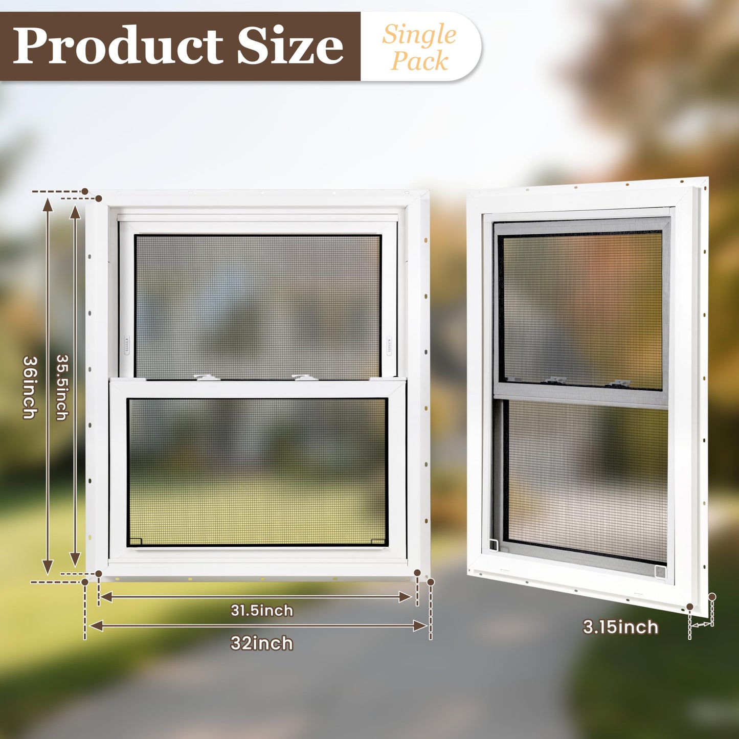Vinyl Double Hung Sliding Window, 32" x 36" Household Window with Double-Pane Insulated Tempered Glass and Fiberglass Screen for House, Mobile Home (White)