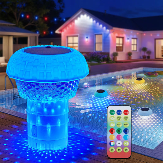 2 in 1 Floating-Pool-Lights-Solar-Powered with Chlorine-Floater, RGBWW-Solar-Pool-Light-Chlorine-Dispenser with 20+ Light Effects, Remote Control, IP68 Waterproof Light for Pools, Hot Tubs, Parties