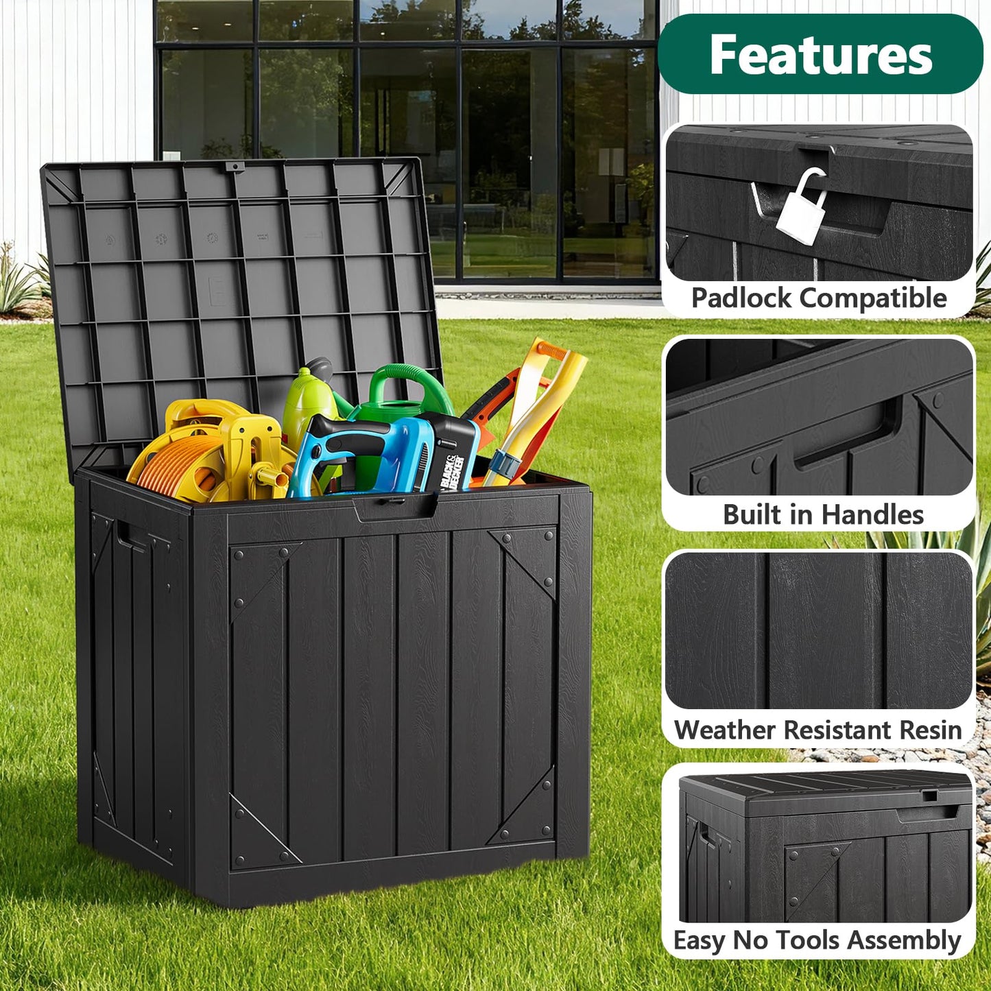 MAKE CHANGES Outdoor Storage Box,30 Gallon Deck Box Outdoor Storage Bench Outside Waterproof Resin Storage Bench, Lockable Patio Cushions, Garden Tools Storage For Furniture, UV Resistant Black