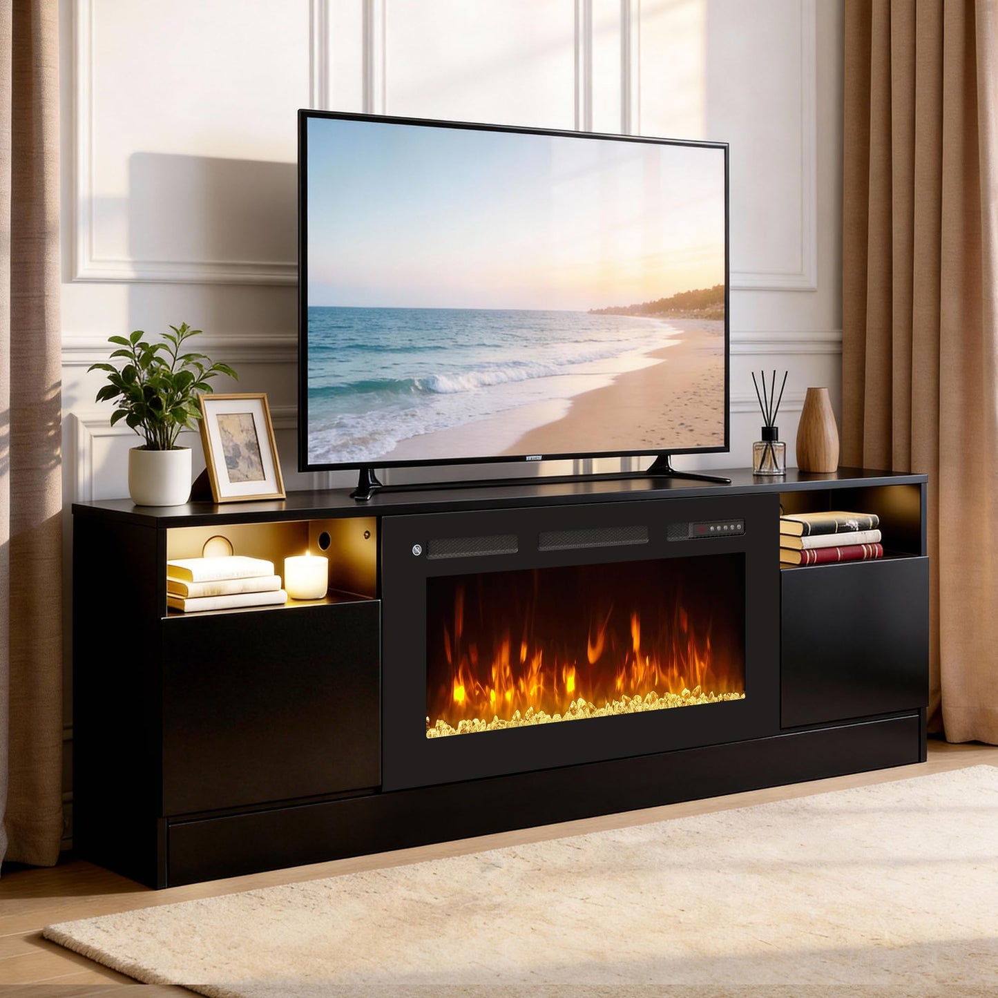 OneBlis 70" Fireplace TV Stand for TVs Up to 80",Entertainment Center with 36” Electric Fireplace and 12 Colors LED Lights,Large TV Console with Storage Cabinet for Living Room,All Black