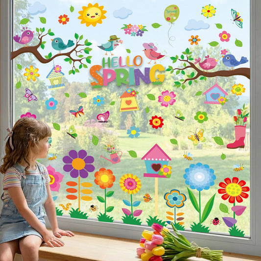 9 Sheets Spring Window Clings for Glass Windows, Spring Decor Window Stickers for Kids, Summer Easter Decals Decorations for Home, Office, Classroom Glass Doors