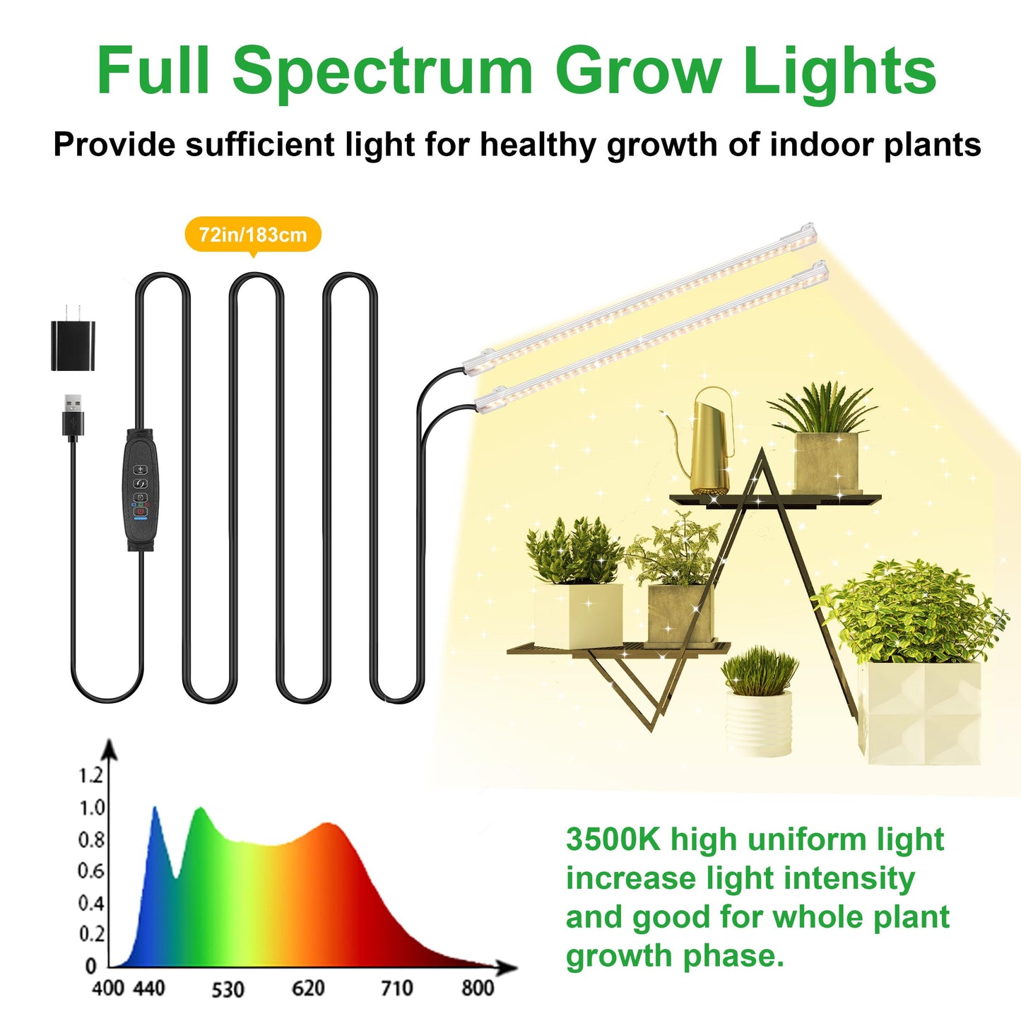 2 Head 13 Inches LED Grow Light Strips, Grow Lights for Indoor Plants Full Spectrum 3500K, 96 LEDs Plant Light with Auto On/Off and 3/9/12H Timer, 10 Dimmable Levels for Seedling Succulent