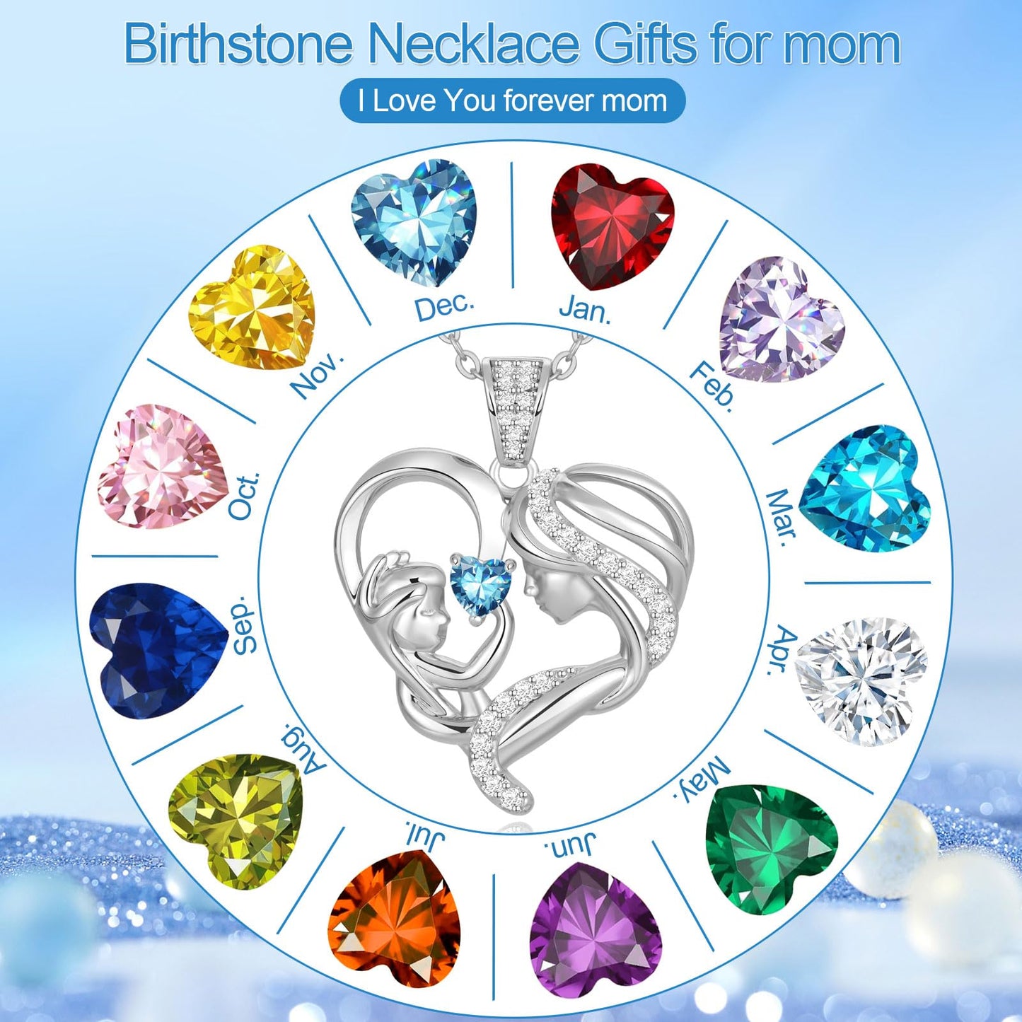 Zifeel Mothers Day Gifts for Mom Wife Her Grandma, S925 Sterling Silver Birthstone Necklaces Jewelry for Women, Mother's Day Love Heart Pendant Necklace for Anniversary Birthday Christmas Day