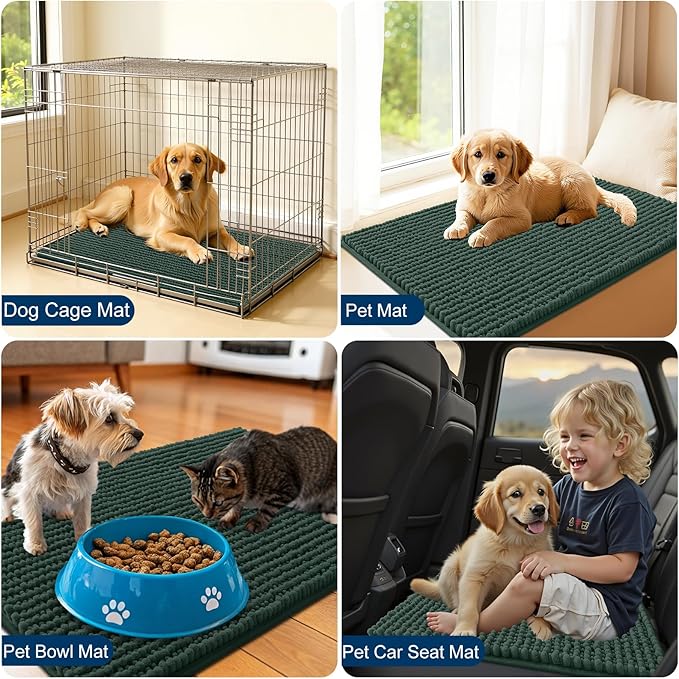 OLANLY Dog Door Mat for Muddy Paws 47x24, Ultra Absorbent Chenille Mud Doormat, Non-Slip Washable and Dirt Trapping Doormat for Indoor Entryway, Quick-Dry Indoor Pet Bed Mats for Dogs, Blackish Green