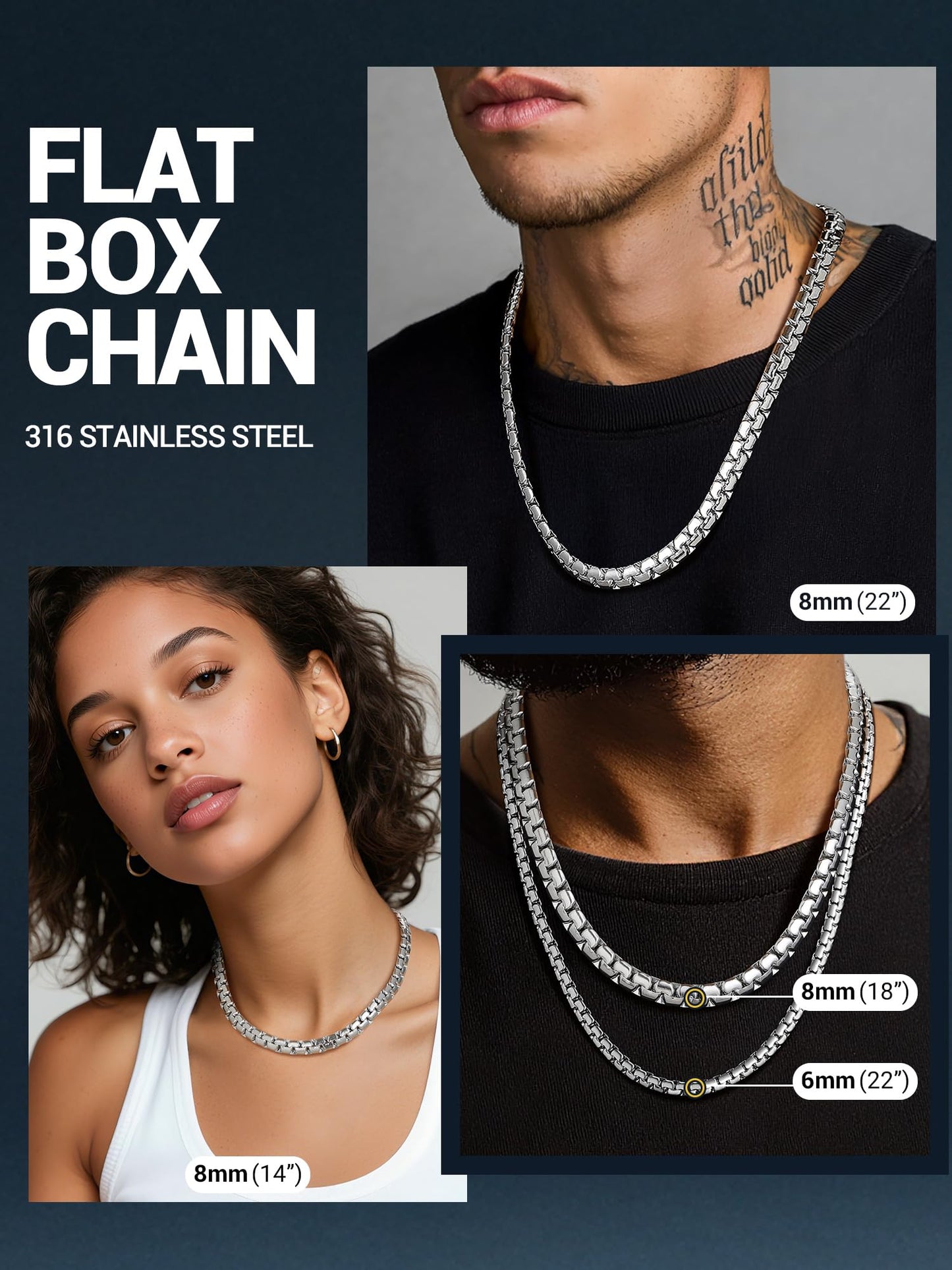 PROSTEEL Stainless Steel Chain 8mm Flat Box Necklace Hypoallergenic & Sweatproof 14"-30" Cool Chunky Chain Jewelry