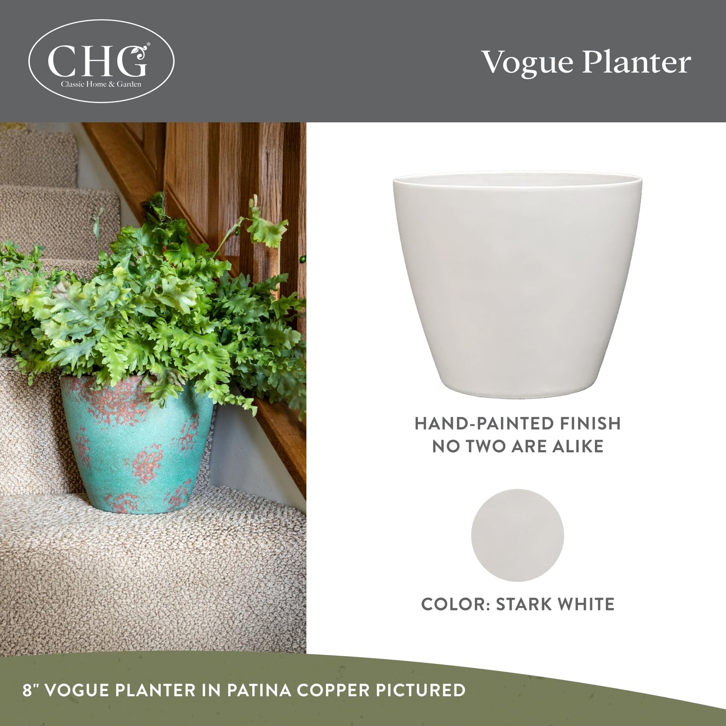 Classic Home and Garden by Growscape Vogue Planter Pots w/Pottery Quality Finish, Modern Indoor & Outdoor Flower Pots, UV-Resistant Porch Planters, Decorative Pot for Flowers & Herbs (8” Stark White)