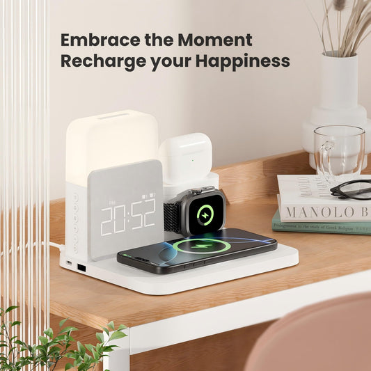 Alarm Clock with Wireless Charger for Bedrooms, 6 in 1 Wireless Charging Station, Magnetic Charger with Night Light Bedside Clock for iPhone 16 15 14 13 12 Pro Max, Apple Watch, AirPods