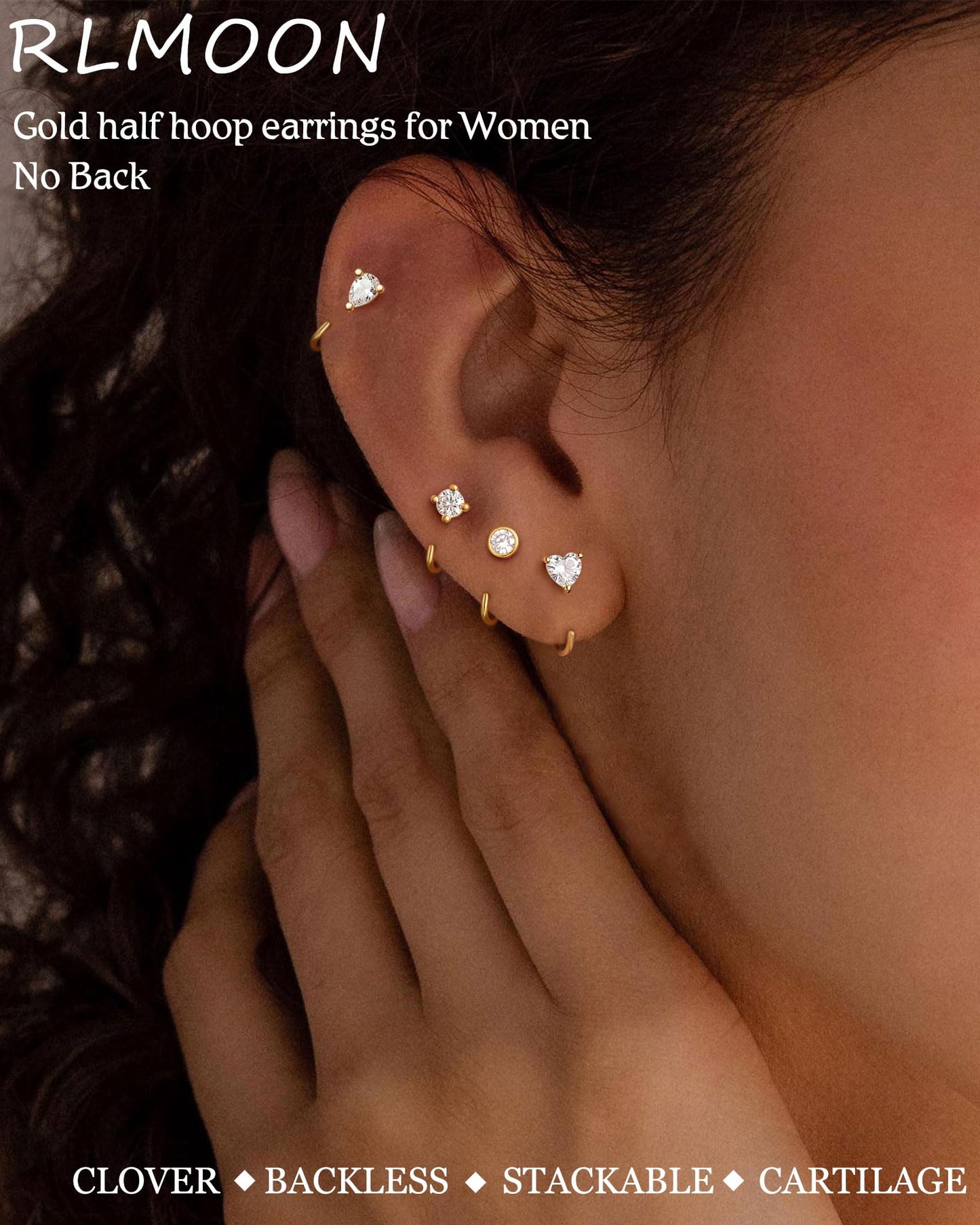 RLMOON Backless Earrings Gold Huggie Half Hoop Earrings for Women 14K Gold Plated Stay Close Hoop Earrings No Back Comfort Fit Hypoallergenic Stackable Earrings to Sleep in