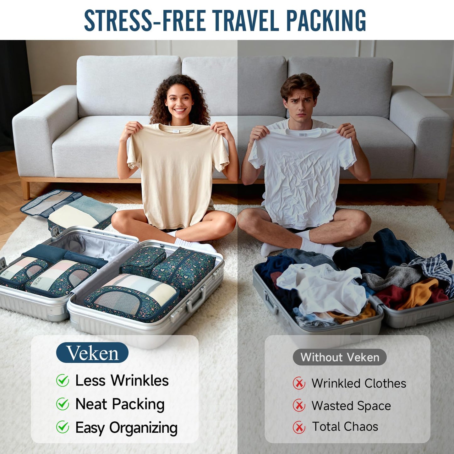 Veken 8 Set Packing Cubes for Travel Essentials, Suitcase Organizer Bags in 4 Sizes, Carry-On Luggage Accessories with Large Laundry & Hanging Toiletry Bag, Must-Have for Airplane, Road Trip & Camping