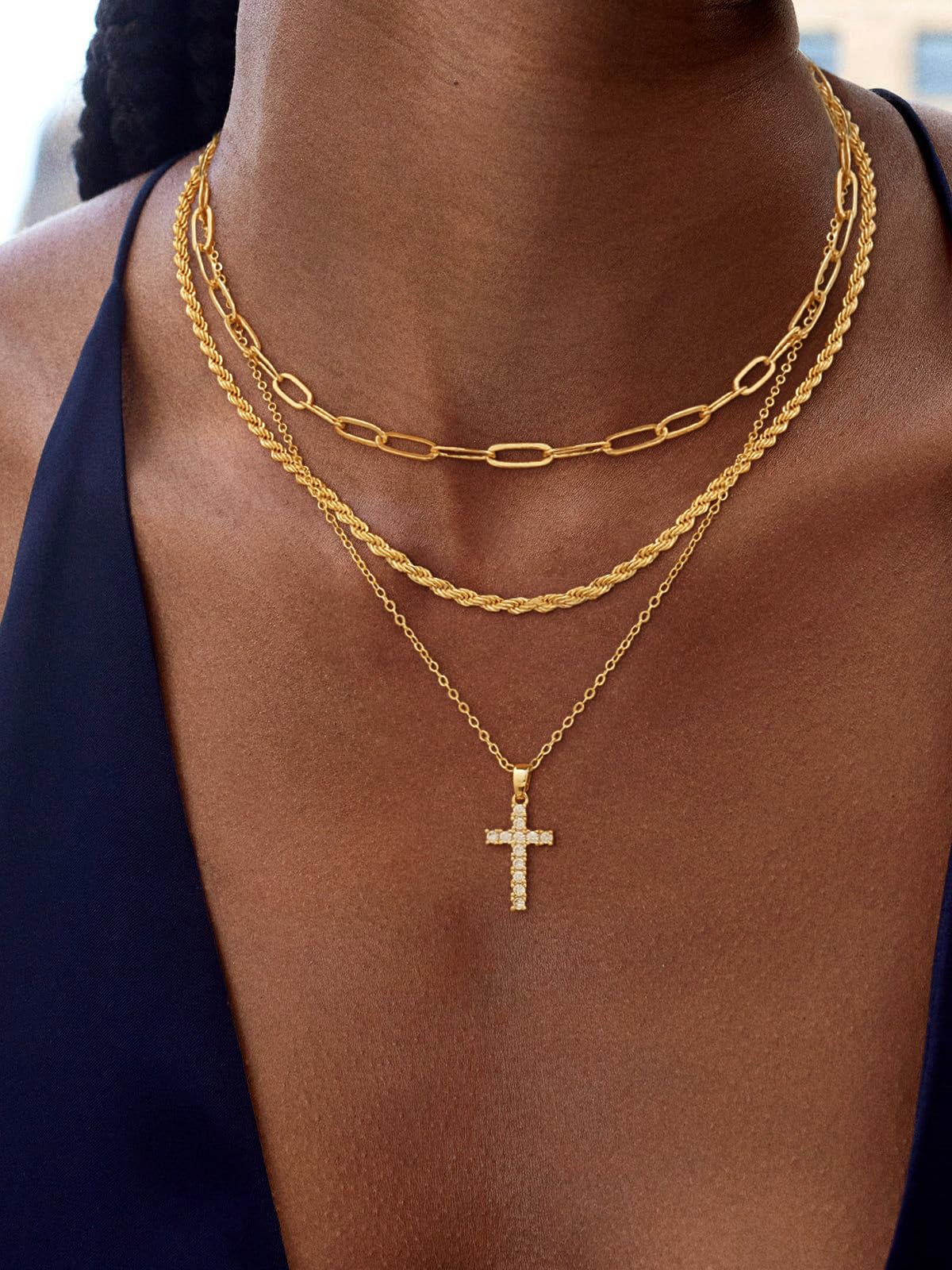Nancomy Layered Gold Cross Necklaces for Women, Stack 14K Gold Plated Cubic Zirconia Pendant Necklace Set Dainty Choker Layering Necklaces for Women Faith Jewelry Religious Gift