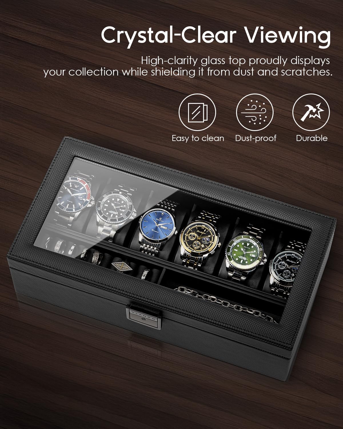 Vlando 6-Slot Watch Case for Men, Watch Box with Glass Lid, Storage for Rings, Keys, Business Textured Leather Organizer Display Case, Soft Pillow, Gifts for Fathers, Dad, Husband - Black