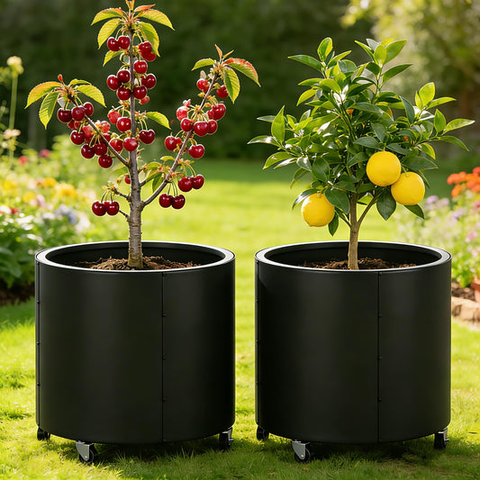 2 Pcs Round Metal Planters for Outdoor Plants on Wheels,22" Tall Planters Pots with Drainage Holes for Citrus Trees Vegetables, Morden Large Raise Planter Box for Commercial Patio Porch,Black